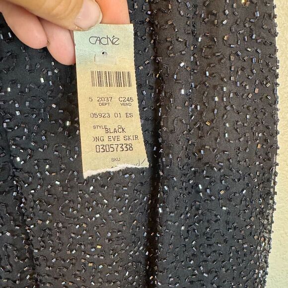 Vintage Cache Y2K 100% Silk Black Beaded Sparkly Maxi Skirt Slit Sz 10 Deadstock - Picture 6 of 8